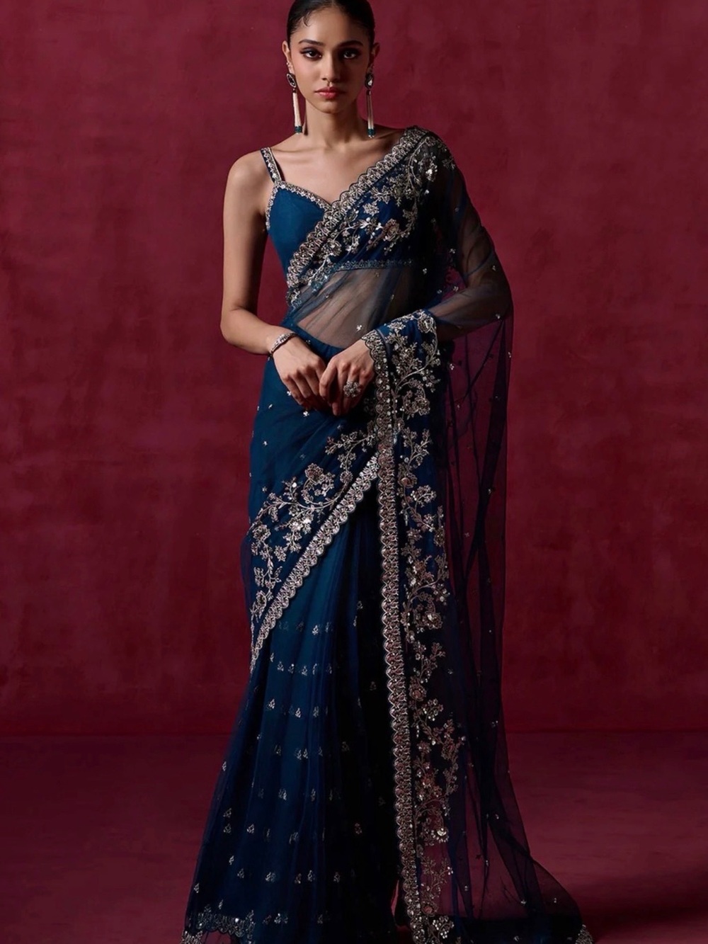 One-Shoulder Navy Blue Embellished Saree Dress for Women